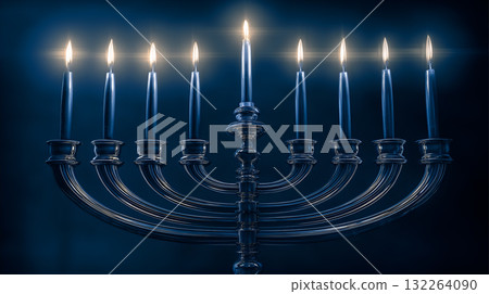 Hanukkah Menorah with Nine Lit Candles on Dark Blue Background Hanukkah Menorah with Nine Lit Candles on Dark Blue Background 132264090
