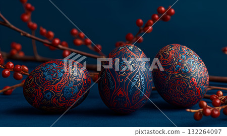 Decorated Easter Eggs with Floral Motifs and Red Berries on Deep Blue Surface 132264097