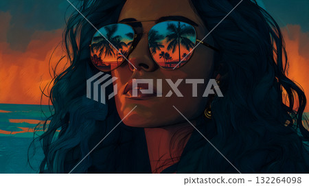 Stylized Portrait with Reflective Sunglasses Showing Tropical Sunset Beach Scene 132264098