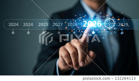 Businessman touching a digital timeline of the future Businessman touching a digital timeline of the future 132264113