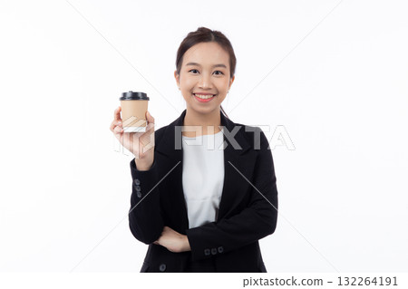 Portrait young asian businesswoman in suit holding a coffee cup isolated white background. 132264191