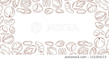 Border frame with nut, almond, cashew, peanut, walnut, hazelnut and pecan in line art style. Design for grocery store package with empty center space. 132264213