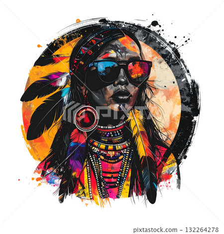 A portrait of a Native American woman and sunglasses in vibrant traditional attire. 132264278