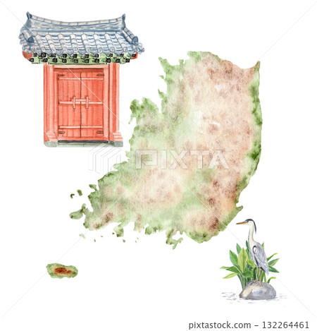 South Korea watercolor composition featuring traditional Korean gate, map, and heron in natural tones. Hand-painted clip art isolated on white, perfect for travel, culture, decor, educational projects 132264461