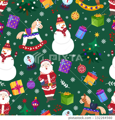 Seamless Christmas Pattern with Santa Claus, Snowmen, Gifts and Christmas Trees 132264560