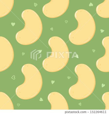 Cashew nut seamless pattern with hearts on green Cashew nut seamless pattern with hearts on green 132264611