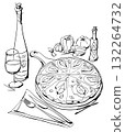 Stylish illustration of Italian food. Pizza, wine. 132264732