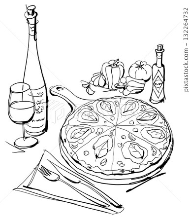 義大利美食的時尚插圖。披薩，葡萄酒。 132264732