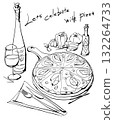Stylish illustration of Italian food. Pizza, wine. 132264733