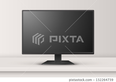 Vector 3d Realistic Monitor or TV On Desk. Front View Minimal Display. Blank Black Screen, Monitor Mockup. Clean TV Screen, LCD LED Display Design Template, Front View 132264739