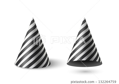 Vector 3d Realistic Party Hat Cone Set with Black and White Stripes, Isolated. Party Hat Clipart with Stripped Pattern. Birthday Celebration Accessory. New Year Carnival Costume, Festive Decoration 132264759