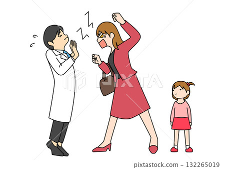 A mother complains to a doctor while her child watches 132265019