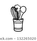 Ladle whisk and spoon in a stand. Symbol of cooking and food preparation. Logo for cafe, restaurant, or bakery. Black and white doodle illustration for menu design. 132265020