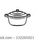 Saucepan with lid. Kitchen utensils. Doodle illustration. Cooking, soups. Black and white graphics for cafes, restaurants, menus. 132265021