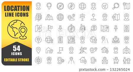 Location And Navigation Line Icon Set. A Collection Of 54 Thin Line Editable Stroke Icons Representing Map Pins, GPS, Compass, Direction, And Travel Symbols. Perfect For Maps, Apps. Isolated Vector Location And Navigation Line Icon Set. A Collection Of 54 Thin Line Editable Stroke Icons Representing Map Pins, GPS, Compass, Direction, And Travel Symbols. Perfect For Maps, Apps. Isolated Vector 132265024