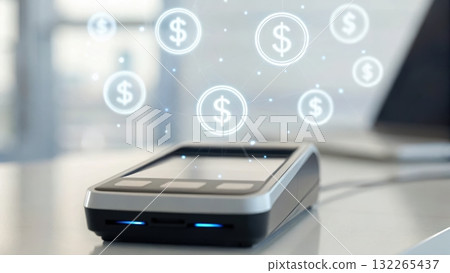 Smartphone surrounded by floating dollar signs depicting the rise of digital payment ecosystem in finance 132265437