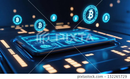 Cell of bitcoin icons floating in a digital banking interface showcasing cryptocurrency innovation Cell of bitcoin icons floating in a digital banking interface showcasing cryptocurrency innovation 132265729