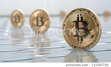 Bitcoin coins representing liquidity pools in a futuristic blockchain environment for investments 132265730