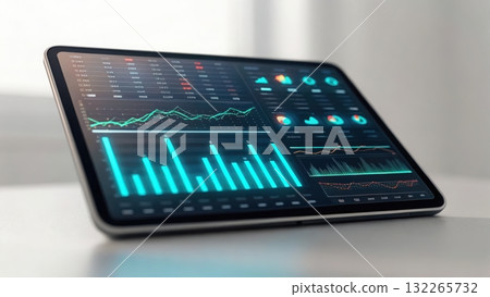 Tablet showing screen with graphs displaying financial performance in a futuristic digital banking system 132265732
