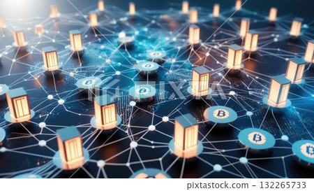 A network of connected buildings representing global financial connectivity through digital banks nodes 132265733