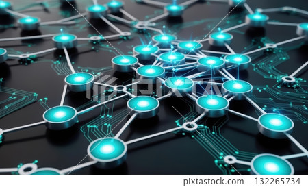 An abstract 3d network of blue and white dots representing global financial connectivity and banks 132265734
