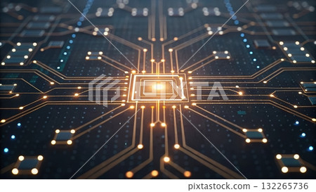 A circuit board with a glowing light symbolizing global banking network connectivity and innovation 132265736