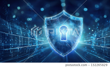 A security shield with a glowing blue background pulsating with energy in a high-tech environment A security shield with a glowing blue background pulsating with energy in a high-tech environment 132265829