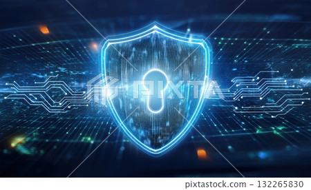 A security shield with a glowing blue light pulsating with energy in a high-tech environment 132265830