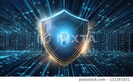 A security shield with glowing lines pulsating with energy in a high-tech environment of innovation 132265831