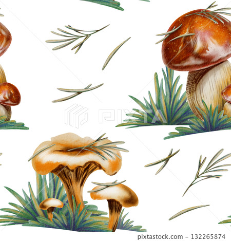 Autumn seamless pattern of chanterelle and red cap bolete mushrooms in the yellowing grass of a forest with pine needles on caps.Handmade illustrations in watercolor and colored pencil Autumn seamless pattern of chanterelle and red cap bolete mushrooms in the yellowing grass of a forest with pine needles on caps.Handmade illustrations in watercolor and colored pencil 132265874