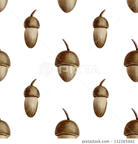 Acorns in seamless pattern as a symbol of autumn,Halloween,Thanksgiving.Watercolor and colored pencil illustration in child style.Hand painted seasonal clipart for autumn holidays,pumpkin fest 132265882