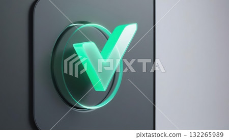Holographic luminescent checkmark on a grey background with futuristic user interface elements 132265989