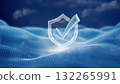 Hyper-detailed checkmark floating seamlessly in a cloud-based virtual ecosystem on blue background 132265991