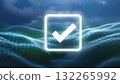 Hyper-detailed checkmark on a blue background floating seamlessly in a cloud-based virtual ecosystem 132265992