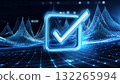 Blue and white network featuring a v icon alongside a luminous checkmark in a futuristic interface 132265994