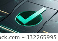 Luminous green tick symbol on a black background embedded in futuristic interface with animation 132265995
