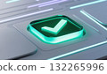 Luminous green arrow button integrated into a futuristic ai interface with animated elements displayed 132265996