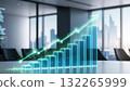 Luminous 3d holographic bar chart with a rising arrow representing growth in business dynamics 132265999