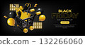 Black Friday sale banner with 3d shopping cart, gift box and gift bag inside and flying balloons 132266060