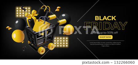 Black Friday sale banner with 3d shopping cart, gift box and gift bag inside and flying balloons 132266060