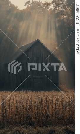 Wooden barn surrounded by fog and sunlight 132266067
