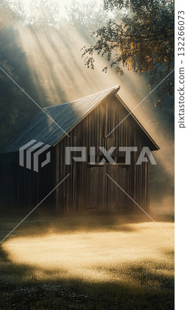 Wooden barn surrounded by fog and sunlight 132266073