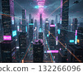A futuristic cityscape with towering skyscrapers, neon lights, flying vehicles, and a vibrant, glowing vortex in the sky, creating a dynamic and immersive scene. 132266096