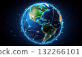 This image showcases a digital representation of Earth, highlighting global network connections with glowing lines and city labels against a starry background. 132266101