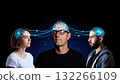 The image depicts three individuals with glowing brain visualizations, connected by data streams, symbolizing AI and technology. 132266109