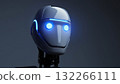 A close-up shot of a robot's head, showcasing its advanced design and glowing blue eyes, set against a dark background. 132266111
