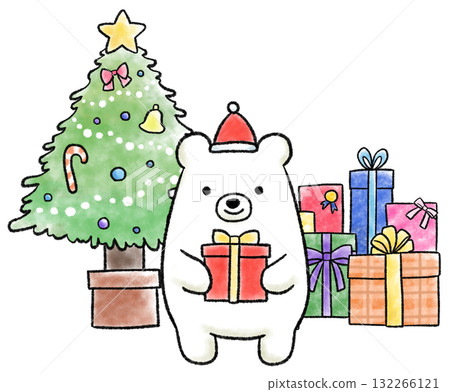 很多禮物、一棵聖誕樹和一隻北極熊聖誕老人的水彩插圖 132266121