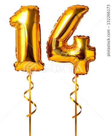 14 號形狀的金色氣球和絲帶 132266173