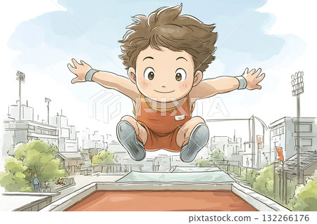 Athlete concentrating on landing on a trampoline 132266176