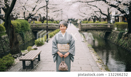Japanese woman in kimono, cherry blossom trees in full bloom Japanese woman in kimono, cherry blossom trees in full bloom 132266232
